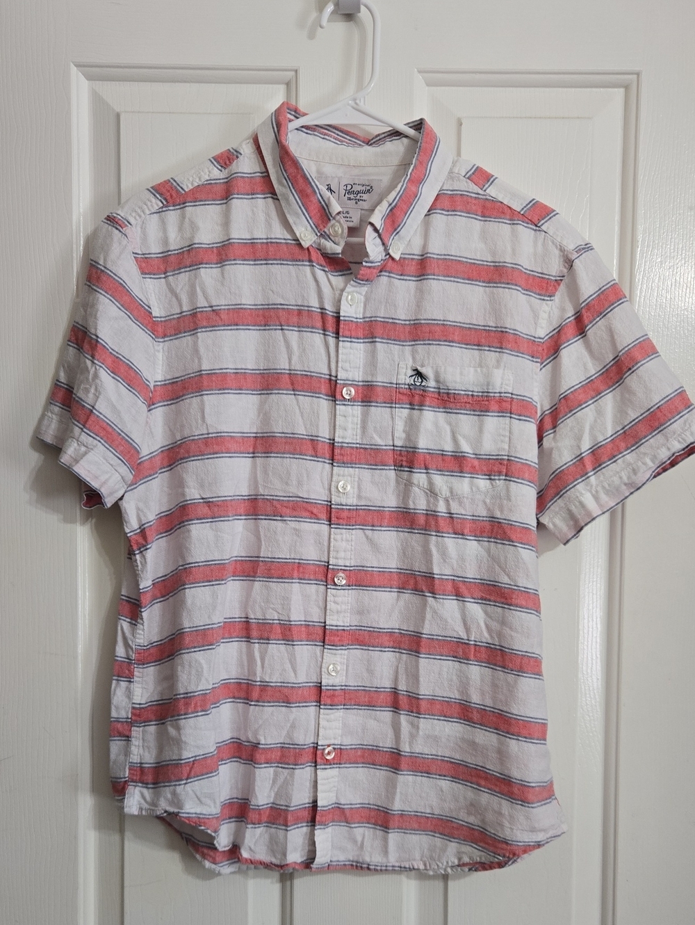 Original Penguin Short-Sleeve Button-Down Shirt in White with Coral Stripes